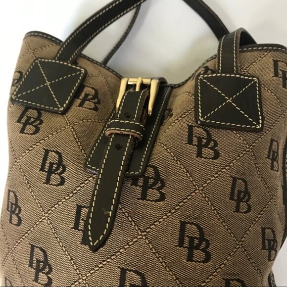 Dooney & Bourke Vintage Bucket Bag Leather Monogram Canvas Hobo Shoulder Purse - Picture 3 of 16
